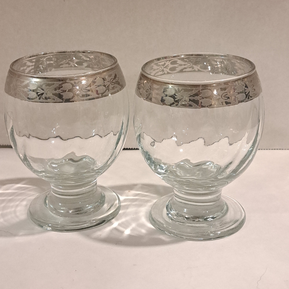 Vintage New Silver Trim With Optic Swirl, Set Of Two Brandy Snifters.